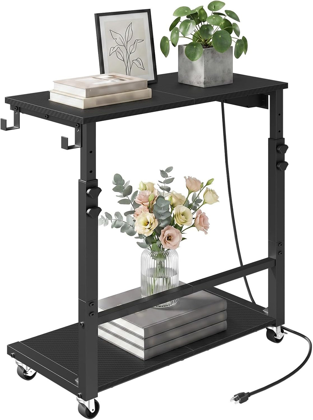 MAHANCRIS Side Table with Charging and Hooks, Rolling Couch Table, Black by MAHANCRIS