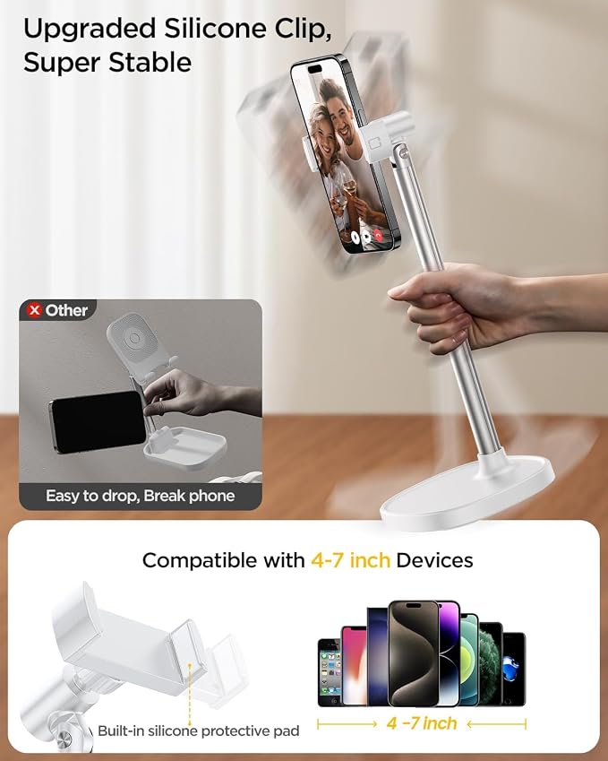 DIMONCOAT Phone Stand for Desk Angle Height Adjustable Phone Holder iPhone | Aluminum Alloy Universal iPhone Holder, Retractable Cell Phone Stand Recording Office for iPhone 17 16 15 Pro Max S26 -White - Image 5