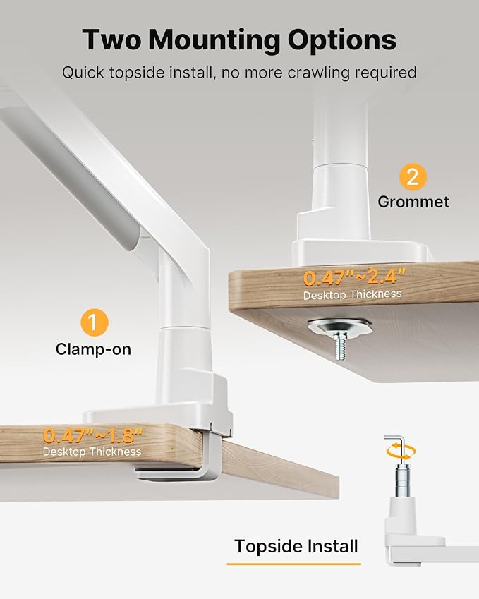 monTEK USB Monitor Arm for 17-57" Ultrawide, 59.4 lbs, White | USB-A/C ports, pneumatic lift, quick-release VESA 75/100 plate, clamp/grommet bases and cable management - Image 7