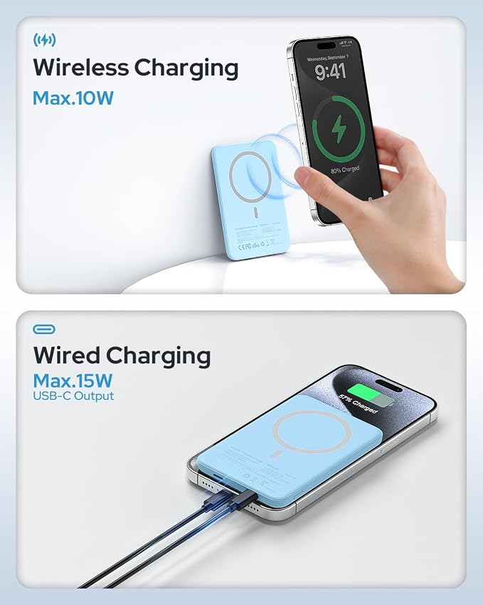 for Magsafe Portable Charger, 5000mAh for Magsafe Power Bank with USB C | Camping Essential for Magnetic Battery Pack for iPhone 17/16/15/14/13/12 All Series (Sky Blue) - Image 4