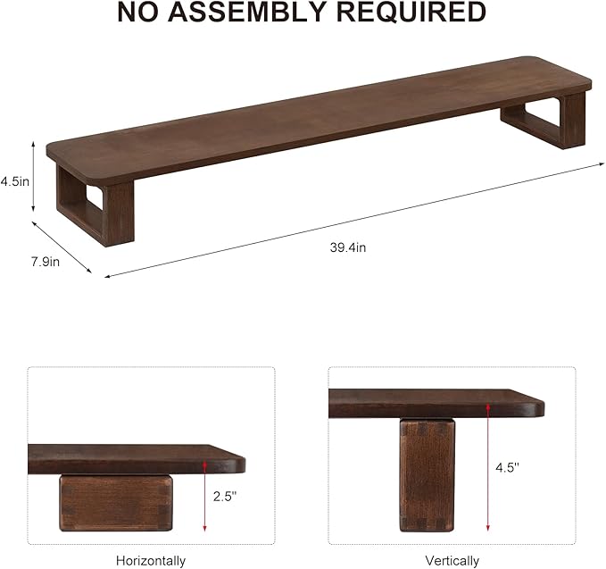 Ufine Dual Monitor Stand Riser 39.3 Inch Wood Desk Shelf Desktop Organizer | 2 Heights Adjustable, Ergonomic Computer Monitor Stand for 2 Monitors, Laptop, TV, Printer - Image 5
