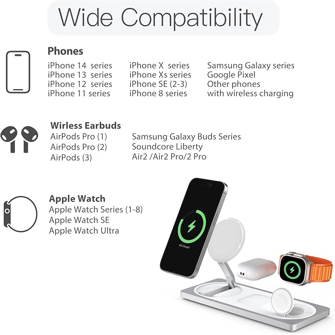 3 in 1 Wireless Charging Station for Apple Devices with MagSafe | For iPhone 17/Air/16/15/14/13/12, AirPods & Apple Watch, Foldable Portable Aluminum Charging Stand, Adapter Included - Image 6
