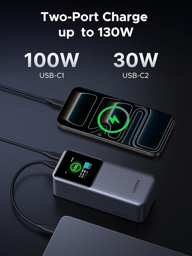 UGREEN Nexode 20000mAh 130W Portable PD Power Bank for MacBook Pro 16 | TFT smart display, 72Wh, PD 3.0. Fast for MacBook, iPad, iPhone 17/16, 3-port for multiple devices - Image 6