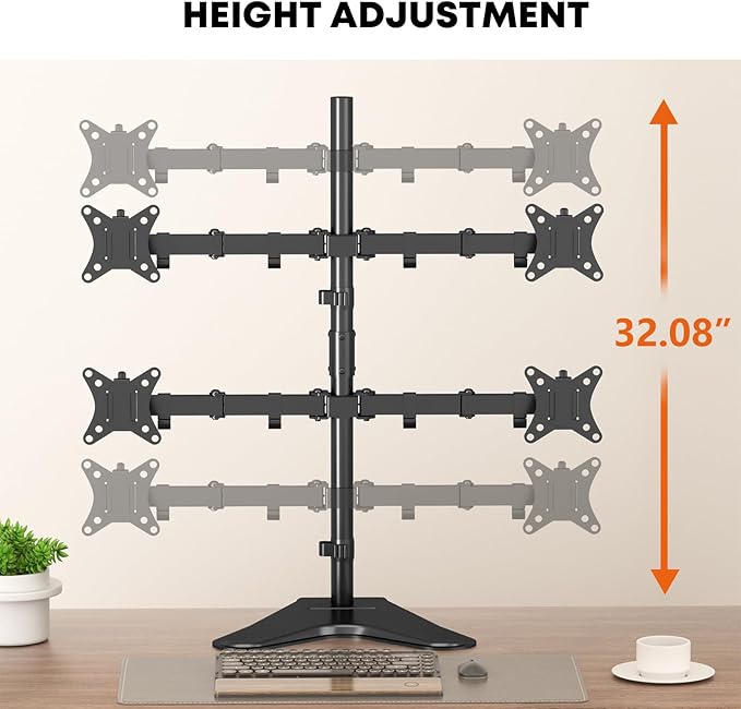 PUTORSEN Quad Monitor Stand for 4 Screens, 17-32", 19.8 lbs Each | Stacked 4-Screen Desk Mount with Full-Motion Arms, VESA 75/100, Tilt, Swivel & Rotation, Larger Base with Phone Slot, Black - Image 4