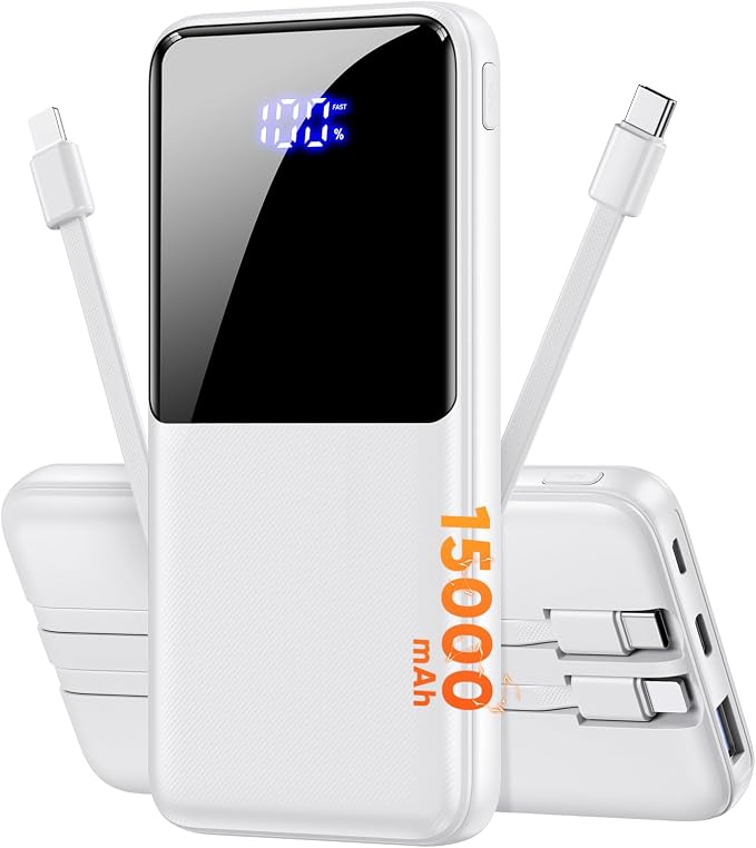 CFIAI Portable Charger Power Bank 15000mAh Battery Pack with Built in Cable | Ultra Slim, 50% Larger Capacity, Travel Essential, 22.5W Fast Charge USB C Phone Charger for iPhone Samsung Android, White by CFIAI