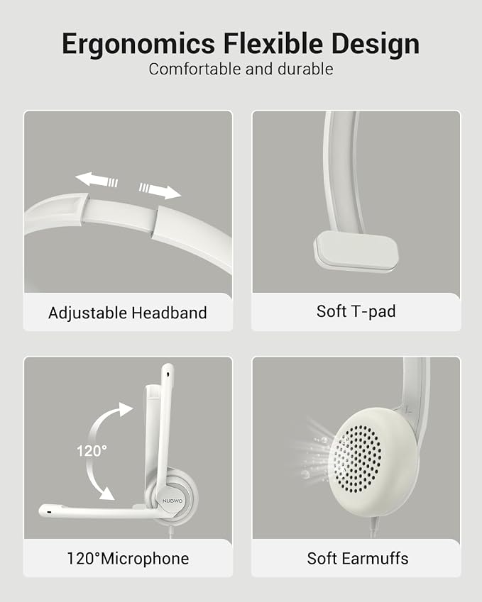 NUBWO HW02 USB Headset with Microphone Noise Cancelling & in-line Control | Ultra Comfort Computer Headset for Laptop pc, On-Ear Wired Office Call Center Headphone for Boom Skype Webinars (White) - Image 7