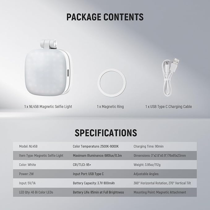 NEEWER Basics Magnetic Selfie Light Compatible with MagSafe iPhone, 2W CRI95+ Bi Color Swivel Small LED Phone Fill Lighting, 680lx/0.3m, Mirror for Vlog Recording Makeup Video Conference, NL45B White - Image 9