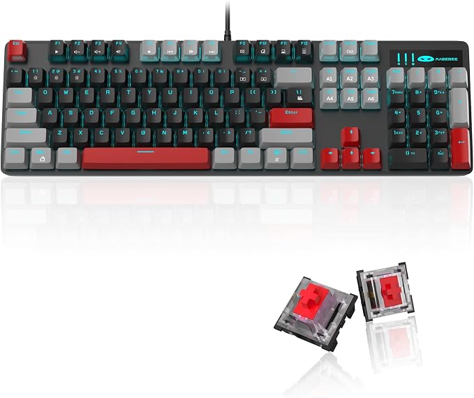 MageGee Mechanical Gaming Keyboard, 104 Keys Blue Backlit Keyboards with Red Switches Double-Shot Keycaps, USB Wired Mechanical Computer Keyboard for Laptop, Desktop, PC Gamers(Gray & Black) by MageGee