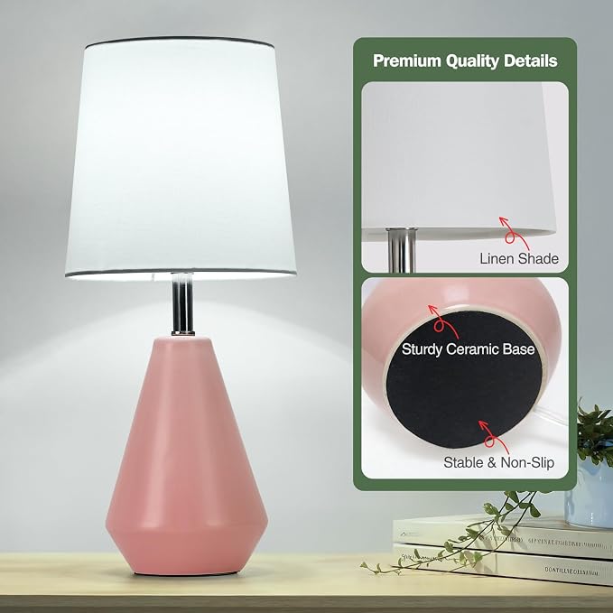 Small Bedside Table Lamp for Bedroom-Reading Desk Lamp Set of 2,with 3 Color Temperatures,15.5" Nightstand Ceramic Lamp with Fabric Shade for Kids Room,Living Room,Dorm,Home Office(Pink+White) - Image 5