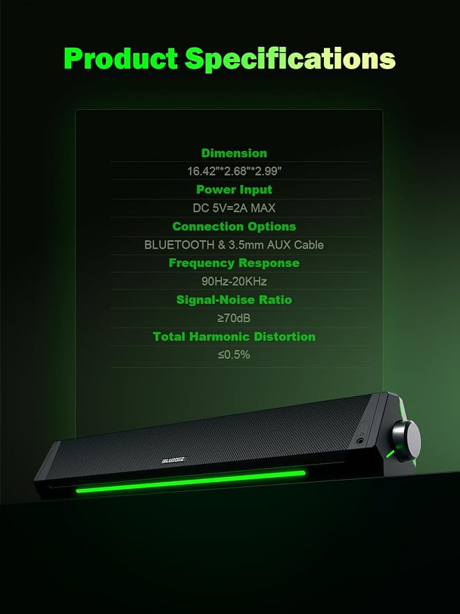 Bluedee Computer Speakers for Desktop PC, Bluetooth AUX Computer Sound Bar | HiFi Stereo PC Speakers for Computer Desktop, PC Soundbar, USB/USB C Powered Gaming Speakers for Monitor, PC, Laptop - Image 8
