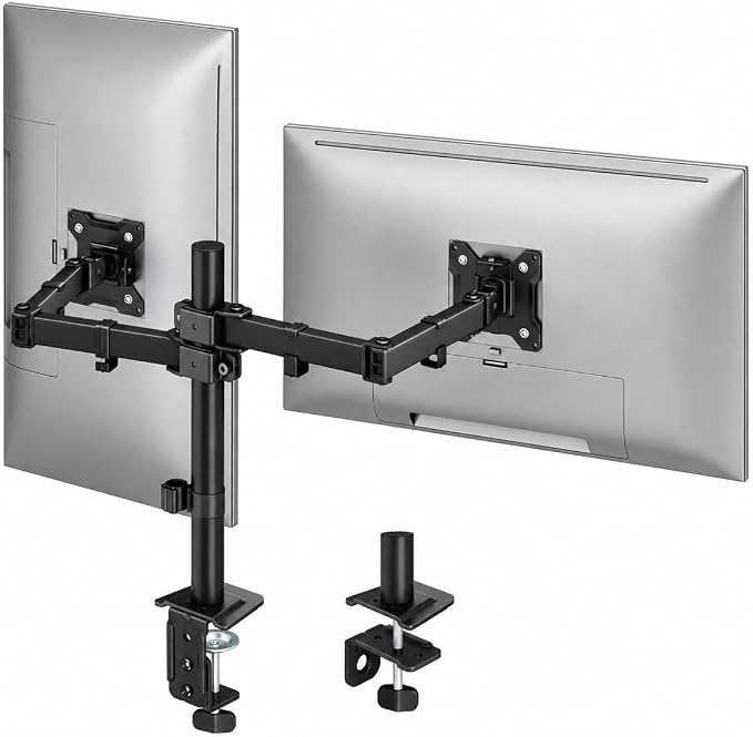 monTEK Dual Monitor Stand for 17-32" Screens, 22 lbs Each | Dual-screen desk mount, height adjustment, tilt, swivel, rotation, clamp/grommet bases and VESA 75/100 by monTEK