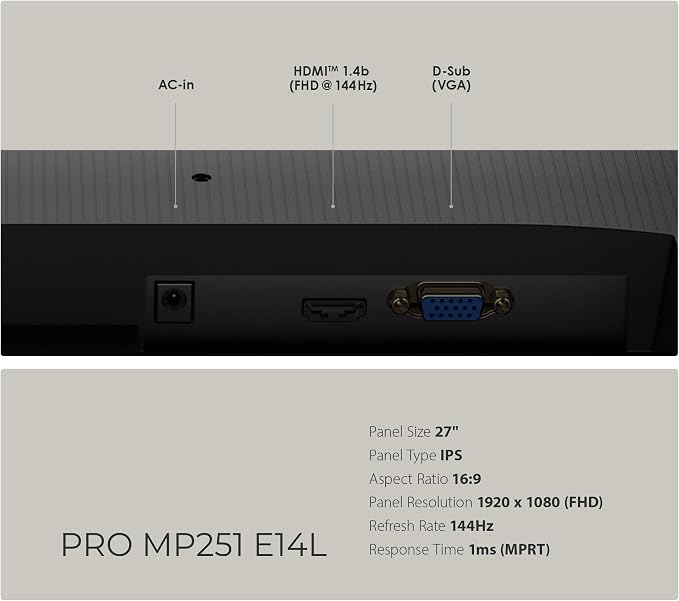 msi PRO MP251 E14L 24.5-inch IPS 1920 x 1080 (FHD) Computer Office Monitor, 144Hz, Free-Sync, HDR Ready, HDMI, VGA Port,VESA Mountable, Tilt, 4-Side Slim Bezel,1ms, Black - Image 7