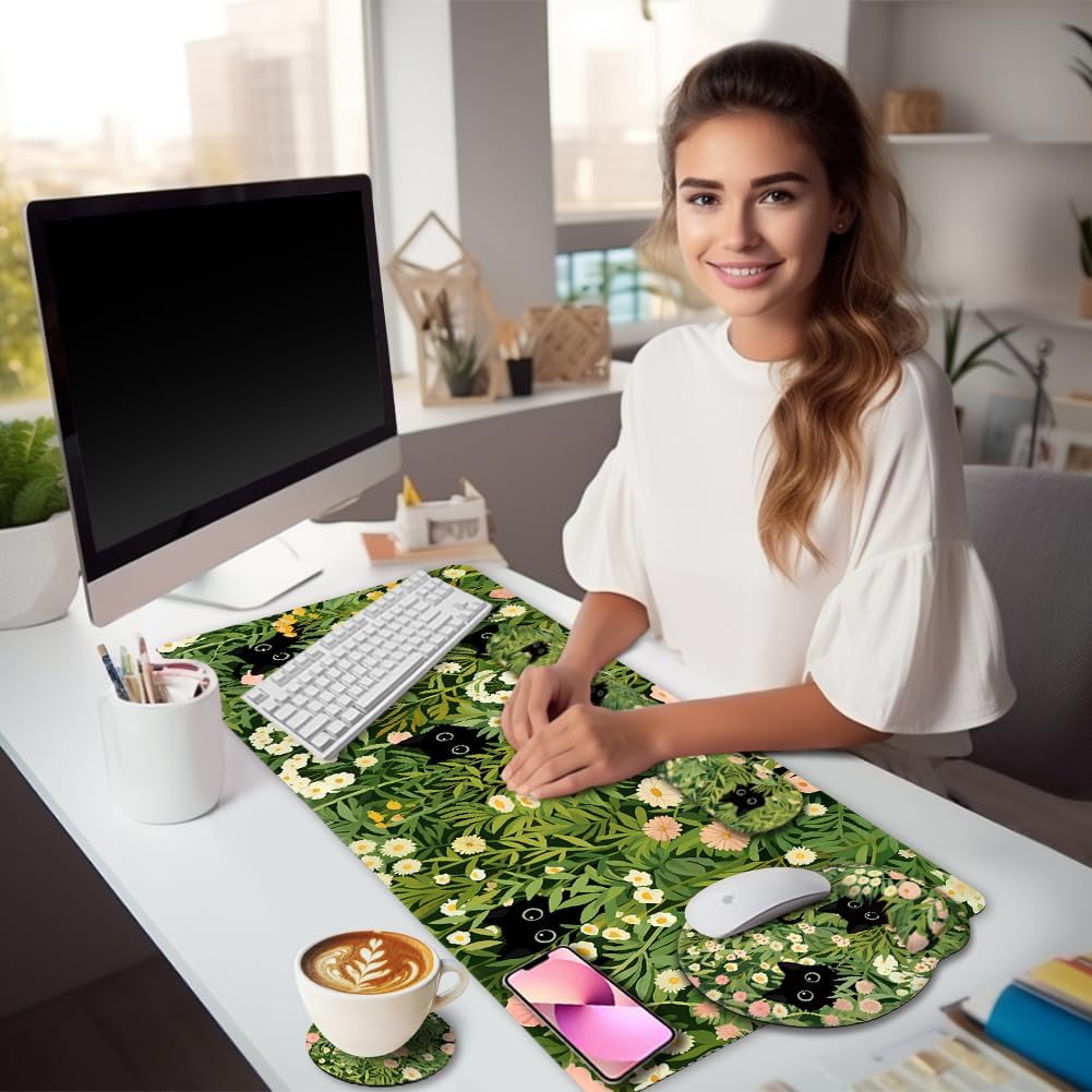 Cat Mouse Pad with Wrist Rest, Green Office Desk Accessories - Image 2