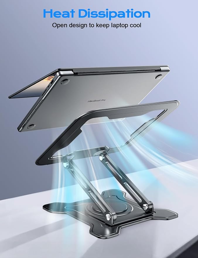 JCZT 360° Rotating Laptop Stand for Desk, Metal Foldable Laptop Riser Black | Ergonomic Portable Adjustable Laptop Stand, Ventilated Cooling Notebook Holder for MacBook Air Pro, All 10-16'' Laptops - Image 7
