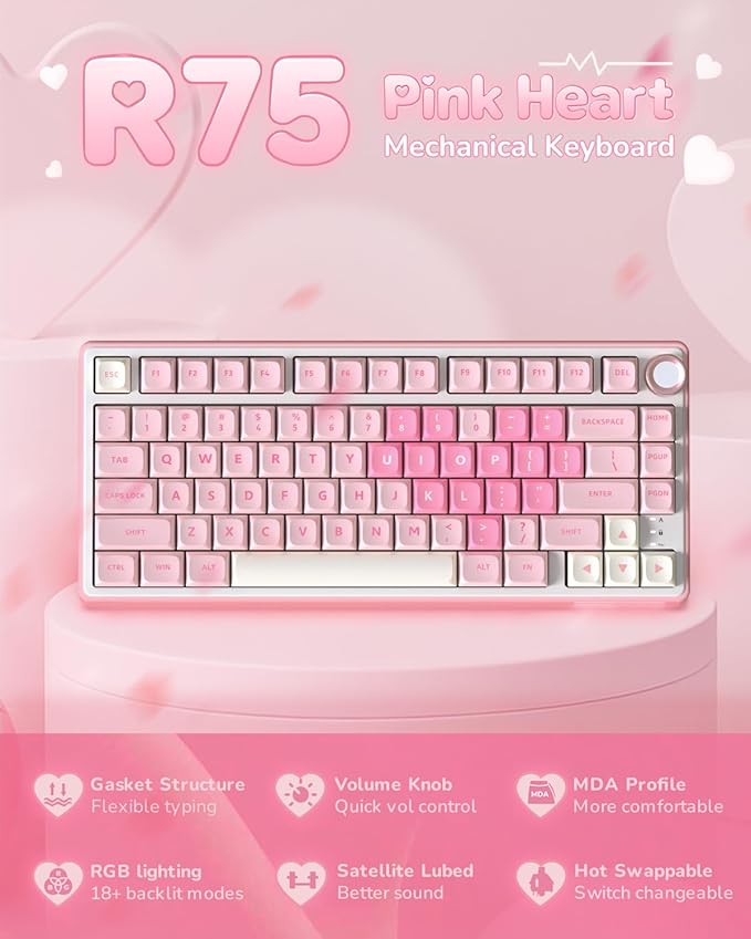 RK ROYAL KLUDGE R75 Mechanical Keyboard Wired with Volume Knob, 75% Keyboard Gasket Mounted, Hot Swappable, Creamy Sound, MDA Profile, PBT Keycaps, Pink - Image 2