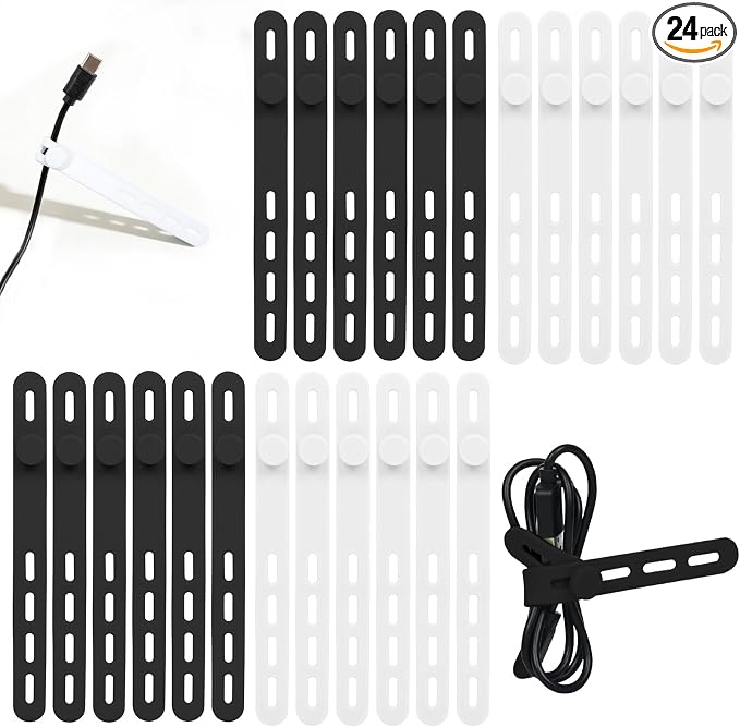 Donruby 24Pcs Silicone Cable Ties, Reusable Cord Organizer Straps, 2 Colors | Adjustable, Multipurpose, 5.12" High-Elasticity Cord Wraps for Bundling Electronics, Home Office Travel Essentials by Donruby