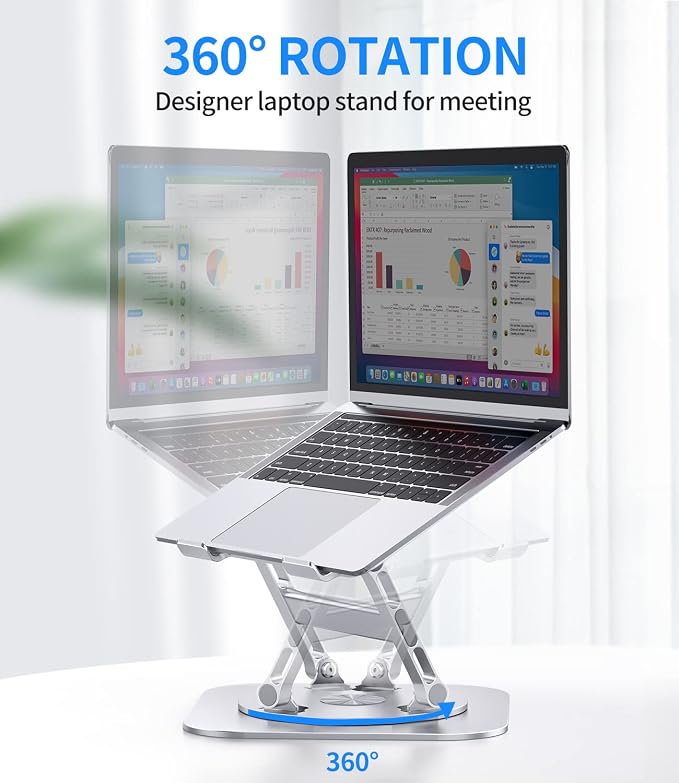 AOEVI Adjustable Laptop Stand with 360 Rotating Base, Stable Computer Stand for Laptop Ergonimic Foldable Laptop Riser for Desk Compatible with MacBook Pro/Air Notebook up to 16 Inches, Silver - Image 2