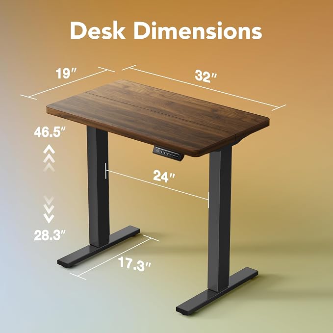 HUANUO 32x19 Inch Small Electric Standing Desk, Adjustable, Black Walnut | 176 Lbs Capacity, Rounded Corners, Wheel-Ready Feet, Compact Desktop, Apartment Workspace, 28.3–46.5 Inch Height Range - Image 2