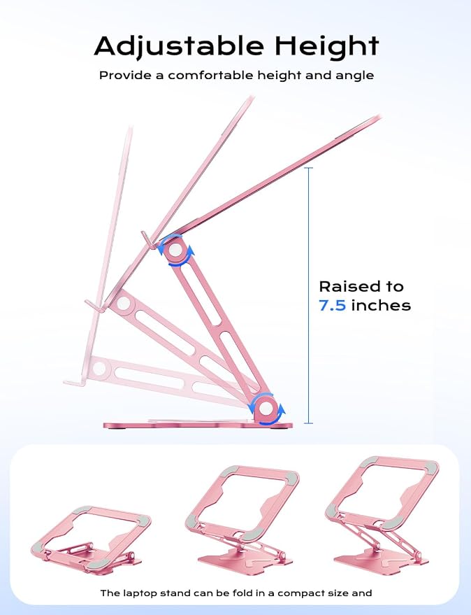 JCZT Adjustable Laptop Stand for Desk, Metal Foldable Laptop Riser, Pink | Ergonomic Portable Laptop Stand, Ventilated Cooling Computer Notebook Holder for MacBook Air Pro, All 10-16'' Laptops - Image 3