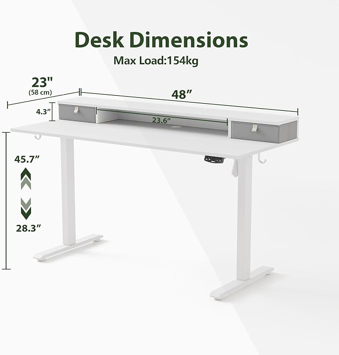 Agilestic 48 x 24 Inches Electric Standing Desk with 2 Storage Drawers, Adjustable Height Sit and Stand Computer Table with Splice Board, White | Electric Height Adjustable, 2 Storage Drawer, Monitor Stand, Sturdy Steel Frame, Memory Presets, Hooks, 15... - Image 3