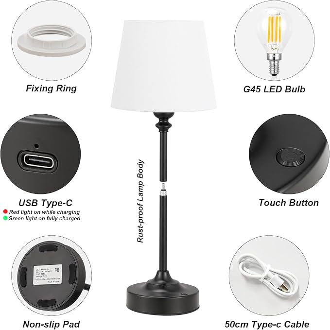 Kakanuo Cordless Table Lamp Rechargeable Black - 1 Pack 4000mAH Battery Operated Lamp for Decor, 3000K Stepless Dimming Touch Control Wireless Lamp for Bedroom, Dining Table, Kitchen, Living Room - Image 6