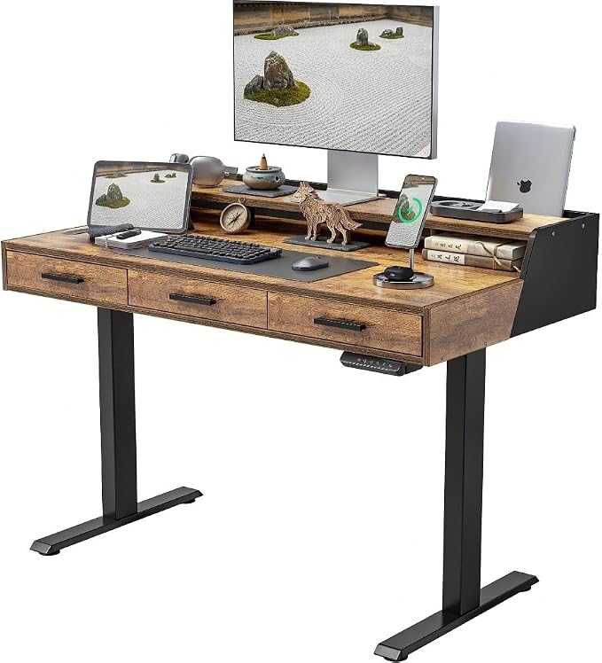 CubiCubi Standing Desk 48x26 Inches with 3 Wood Drawers and Monitor Shelf, Ergonomic Rising Home Office Desks, Height Adjustable Computer Desk, Sit Stand Up Electric Workstation Table, Brown by CubiCubi