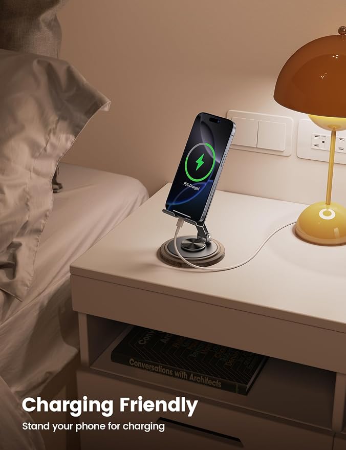 Lamicall Sturdy Grey Phone Stand, Desk Accessories for Men | 360° Rotation Simulated Wood Grain Phone Holder, Office Gaming Room Desk Essentials Decor, Stocking Stuffers for Men Gifts - Image 3