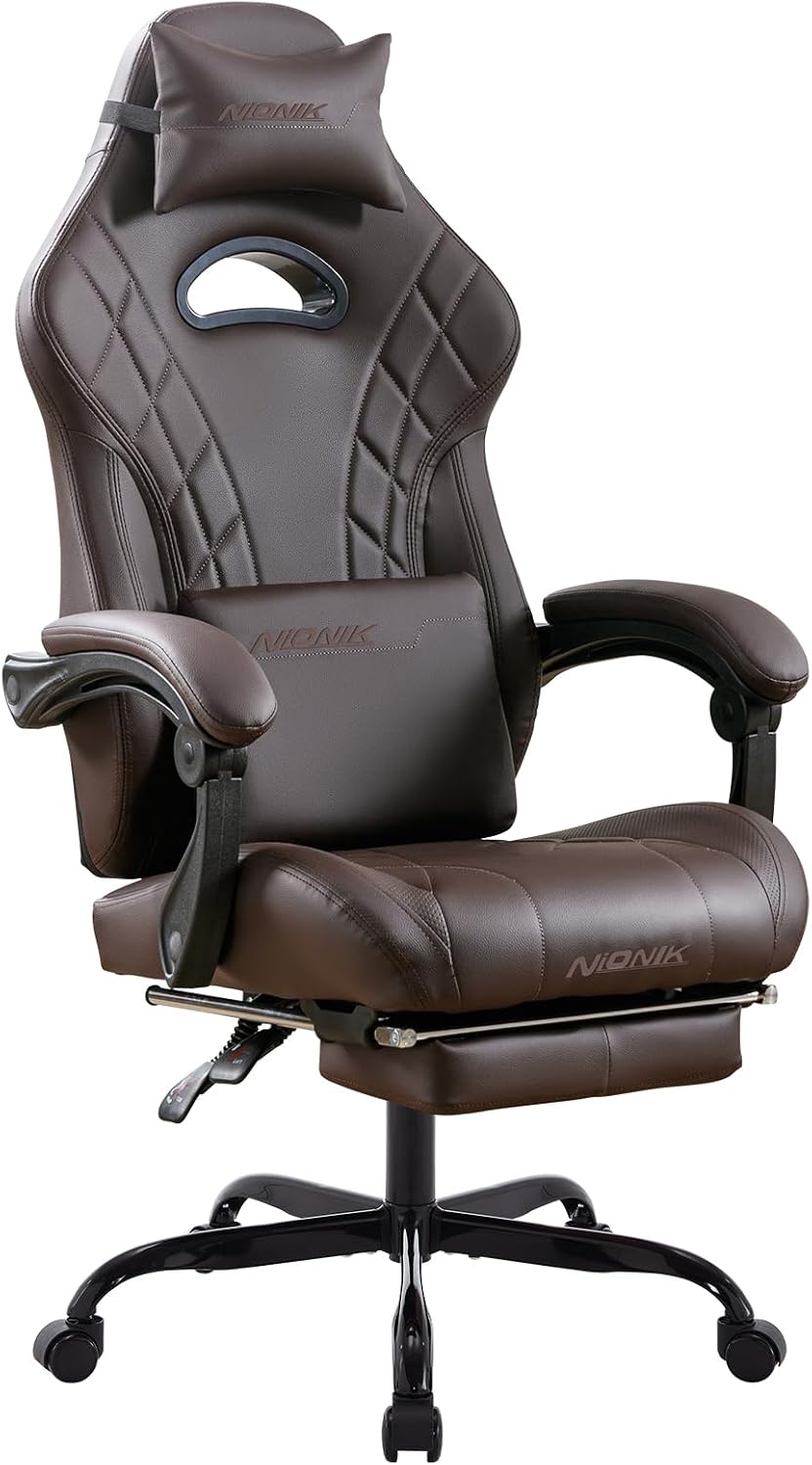 Gaming Chair with Footrest and Massage Lumbar Support, Ergonomic Computer Gamer Chair, Office Video Game Chairs with Adjustable Height and Backrest (Coffee) by NIONIK