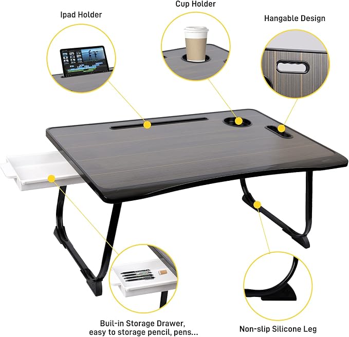Amaredom Laptop Bed Desk Tray Bed Table, Foldable Portable Lap Desk with Storage Drawer and Cup Holder for Eating Breakfast on Bed/Couch/Sofa-Black - Image 3