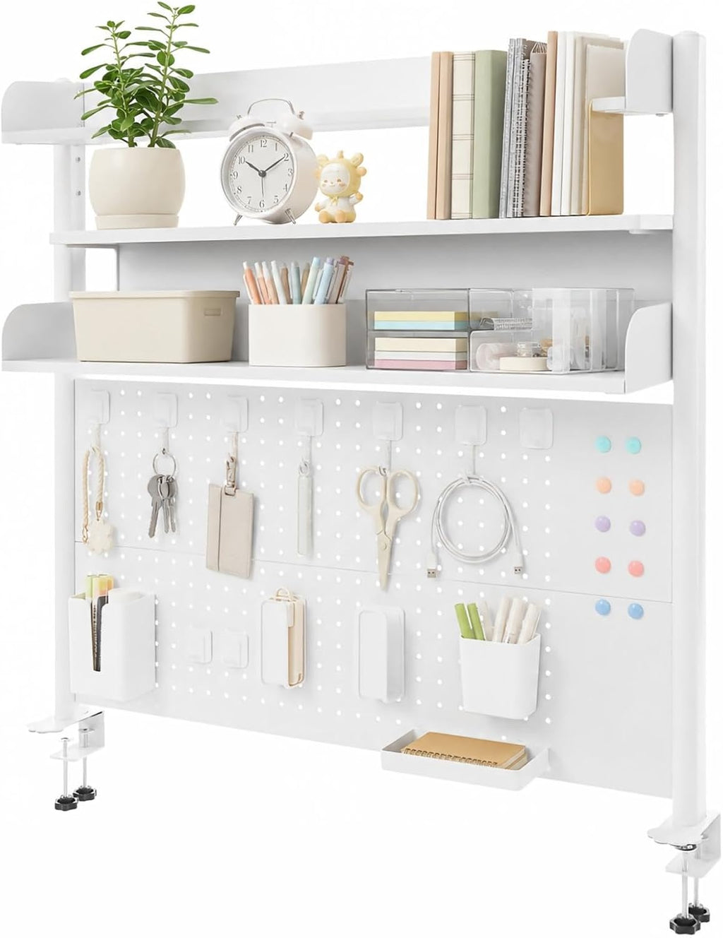 Clamp-On Desk Hutch with Pegboard, 39.5 x37.5in 2-Tier Desktop Organizer Shelf, Carbon Steel Frame with 2 Shelves and Pegboard Storage, for Office, Dorm, Study by siohdagu