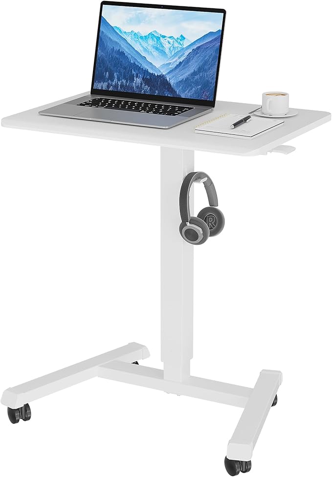 BONTEC Mobile Standing Desk Adjustable Height,Rolling Laptop Cart with Hook | Portable Workstation with Pneumatic Lift, Ergonomic Table with Wheels, Compact Home Office Desk, White 25.6" x 17.7" by BONTEC