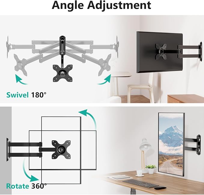 WALI TV Wall Mount Articulating LCD Monitor Full Motion 15 inch Extension Arm Tilt Swivel for Most 13 to 32 inch LED TV Flat Panel Screen with Mounting Holes up to 100x100mm (1330LM), Black | Monitor Wall Mount up to 33lbs, VESA 75/100, Articulating Ti... - Image 6