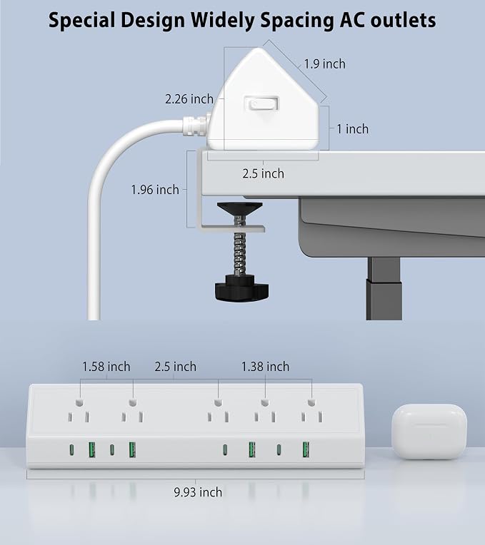 Jgstkcity Desk Clamp Power Strip USB C 45W,8 USB,10FT Cable,White | 4 USB-C,Edge Mount,1875W Extension Cord,15A Switch,ETL Listed,Office,Gaming,Dorm - Image 7
