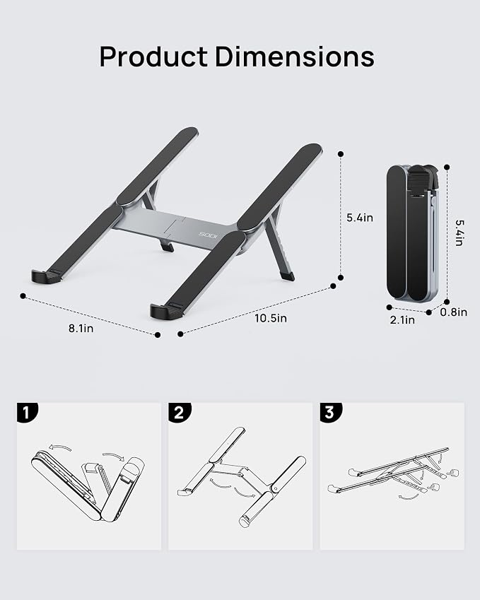 Ultra Compact Foldable Laptop Stand - Portable Laptop Holder for Desk & Travel Use, Adjustable, Ergonomic Aluminum Computer Holder for MacBook, Tablet 10-16" (Plus-Gray, Bi-Fold) - Image 6