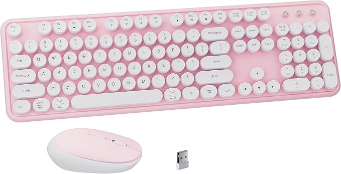 Colorful Wireless Keyboard and Mouse Combo Pink White | Full-Sized Office Keyboard with Typewriter Flexible Keys, 2.4GHz Dropout-Free Connection, Optical Mouse for PC Laptop by FCPLU