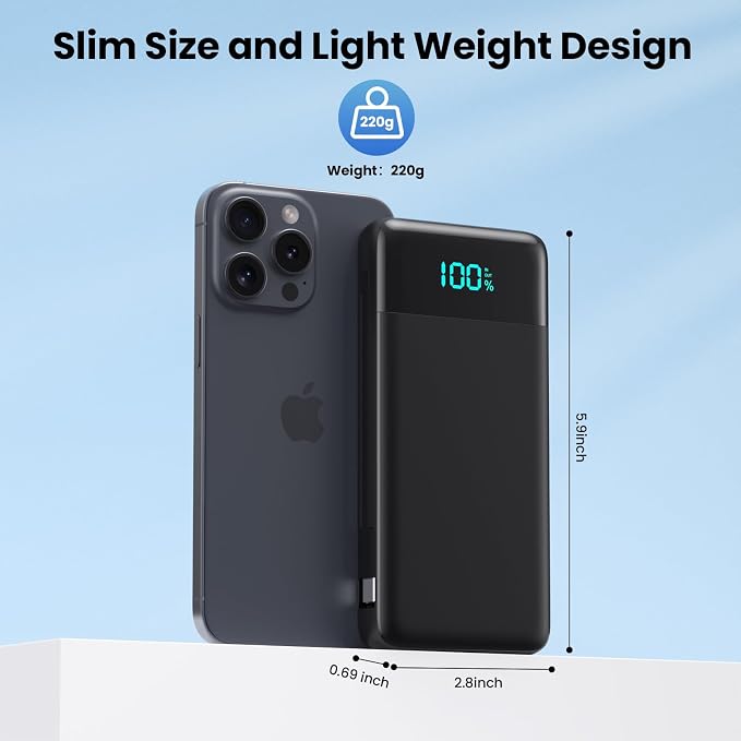 Portable Charger Power Bank for iPhone with Built-in Cables and AC Wall Plug, 13800mAh Ultra Slim Travel Essentials,USB C Fast Charging External Battery Pack for iPhone 17/16/15/13,Galaxy,Android etc - Image 5
