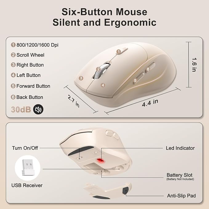 Wireless Keyboard and Mouse Combo, Ergonomic Wave Keys(Milk Tea-B) | 2.4G Full Size Keyboard with Wrist Rest, Phone Holder, 3-Level DPI Silent Mouse with 6-Buttons,for Windows/Mac OS/Laptop - Image 4