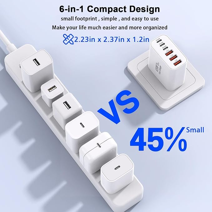 65W 6-Port USB C Charger Block, 2-Pack GaN Fast Type C Wall Charger Block | Charging Adapter USB C Plug Adapter+QC Plug Compatible with iPhone 17/17 Air/16e/16 Pro Max/16Plus/16/15/14/13/12/11,iPad Pro - Image 4
