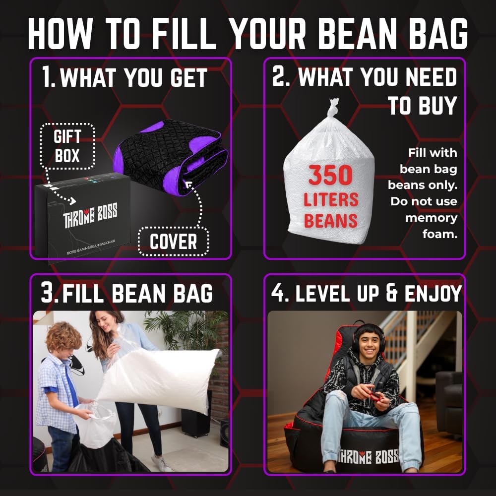 Gaming Bean Bag Chair Cover for Adults, High Back, Large Pockets, Purple - Image 7