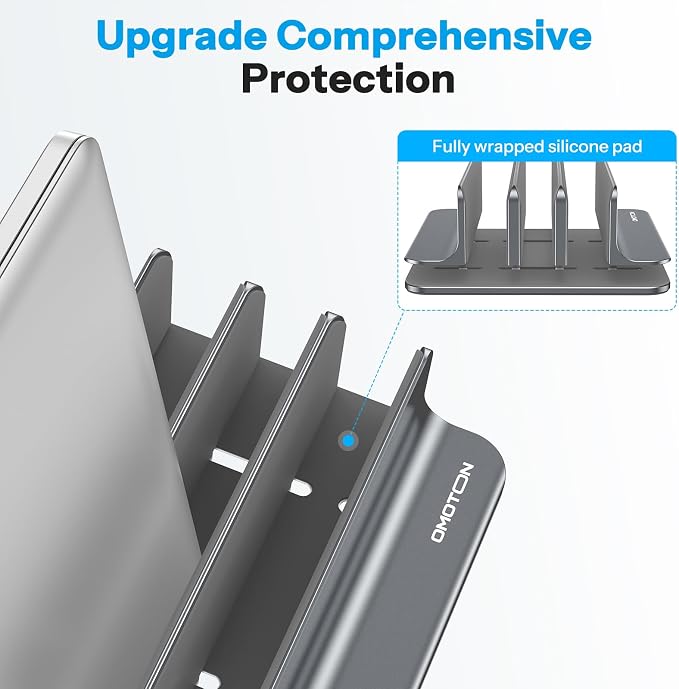 OMOTON 3-Slot Multiple Vertical Laptop Stand, Fits All MacBook, Grey | Adjustable Width 0-1.38", Aluminum Office Space-Saving for Desk, Fits MacBook/Book/iPad Up to 17.3in - Image 3