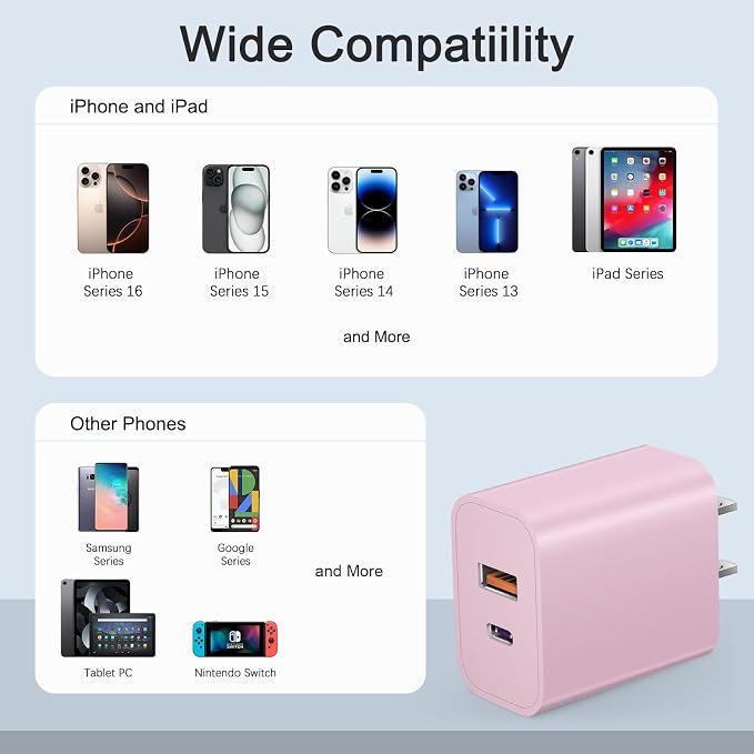 [4 Pack] USB C Charger Block Charging Block Type C Charger | 20W Wall Chargers for iPhone Air/17/17 Plus/17 Pro/17 Pro Max/16/16 Plus/16 Pro/16 Pro Max/15/15 Pro/15 Max/14/Samsung(Pink) - Image 4