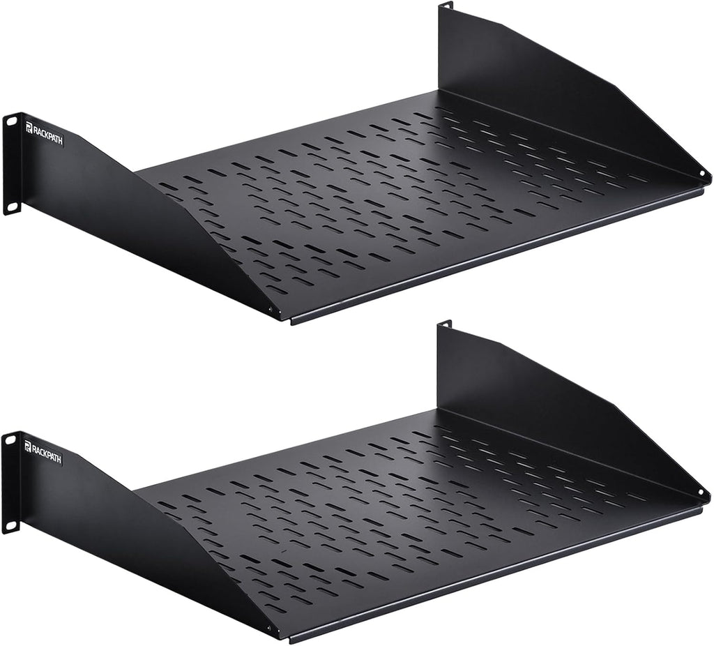 2U Cantilever Universal Rack Shelf - 14in Deep – Rackmount Shelf for 19’’ AV/Network Equipment Racks – 55lbs Capacity - 2 Pack by RackPath