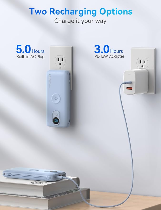 Portable Charger Power Bank 10000mAh PD20W w/Built-in Cables & AC Plug | Portable charger iphone,Fast charging, Built-in wall plug, LED display, Charge 6 devices at once, Pass through charging - Image 6