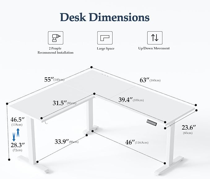 Klicelor L Shaped Standing Desk 63 x 55 Inch, Electric Height Adjustable Corner Desk for Home Office Workstation, Ergonomic Sit Stand Computer Table with Memory Controller, White - Image 3