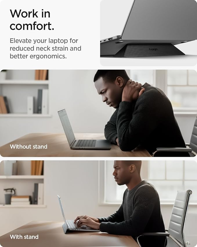 Spigen Slim Fold Portable Laptop Stand Keyboard Riser Foldable Ergonomic Angle Lift Anti-Slip Compatible with MacBook Neo, MacBook Air, MacBook Pro 11"-16" and iPad/Air/Pro and More - Black (LD201-S4) | Ergonomic Angle Lift Anti-Slip for MacBook Neo, M... - Image 2