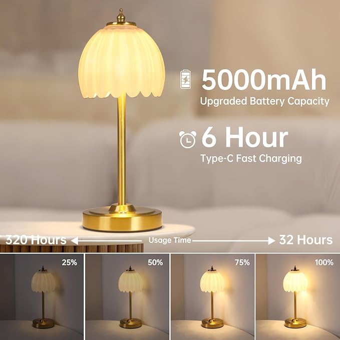 Shenmoyl Set of 2 Tulip Table Lamp with 5000mAh Battery & Touch Control, Cordless Table Lamp with 3 Colors, Dimmable Rechargeable Table Lamps for Bedroom, Living Room, Entryways (White Tulip) - Image 2