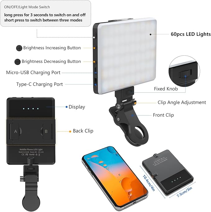 Selfie Light, Phone Light with Front & Back Clip, 60 LED Portable Light with 3 Modes, 5000mAh Rechargeable Video Light for Phone, iPhone, IPad, Laptop, TikTok, Makeup, Live Stream, Vlog(Black) - Image 6