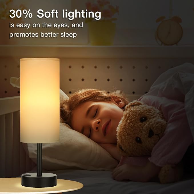 White Touch Table Lamp for Bedroom - Dimmable Bedside Desk Lamp for Kid | USB A+C Ports, 3-Way Dimmable, LED Bulb Included, White Fabric Lampshade, Matt Black Metal Base, Compact 14" Night Stand Lamp - Image 6