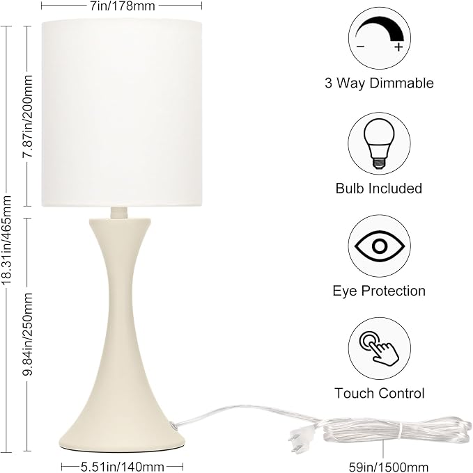Dimmable Table Lamp, 3 Way Touch Control Desk Lamp, Small Bedside Light | Nightstand Lamp with Beige Shade and Cream Base, Reading Lamp for Living Room, Bedroom, Dorm, Office, 3000K LED Bulb Included - Image 2