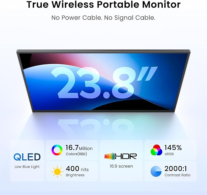 UPERFECT 23.8" 1080P 100Hz Wireless Portable Monitor with Battery 10000mAh | 145% sRGB QLED Gaming Monitor with Stand, Bag & VESA, Large Second Screen for Laptop, Computer, Phone, Game Consoles - Image 2
